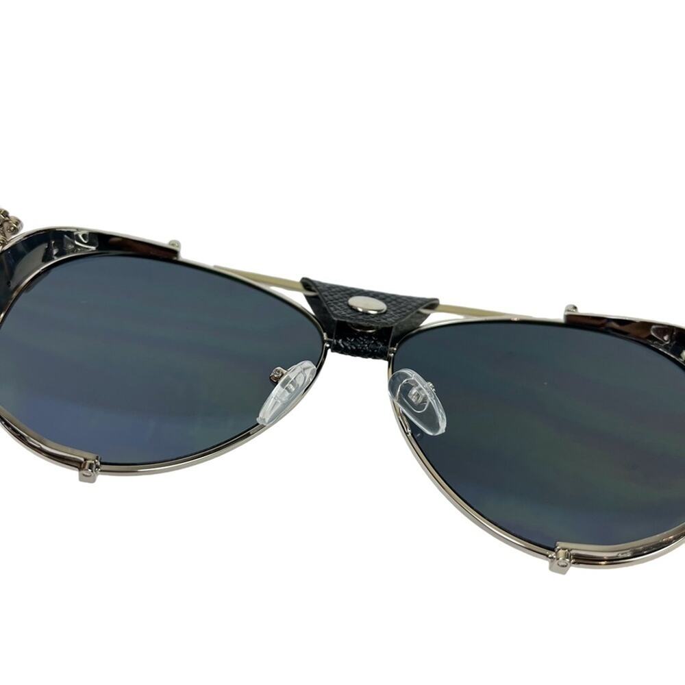 AVIATOR Black Faux Leather Metal Frame Large Sunglasses Sun Glasses Fashion - Picture 11 of 15